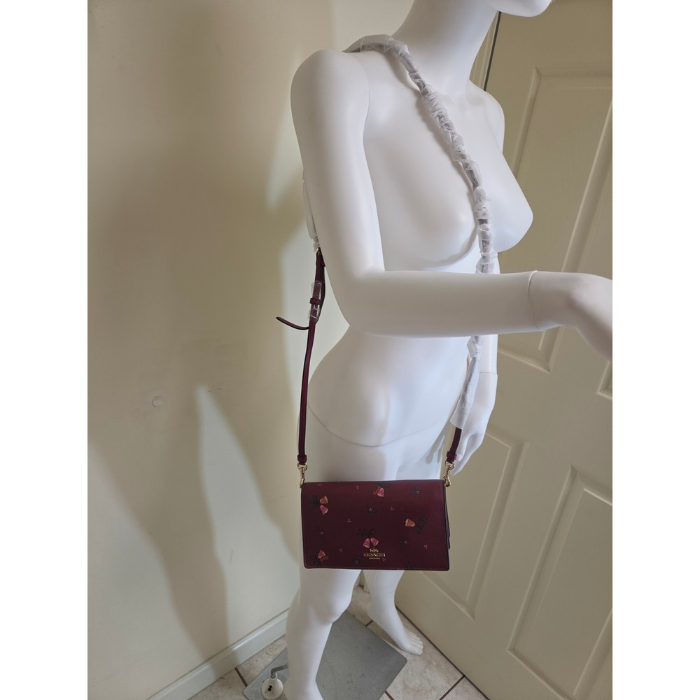 Coach Crossbody Bag Wine Burgundy Holiday Bell Print Crossgrain Leather New - Picture 7 of 11